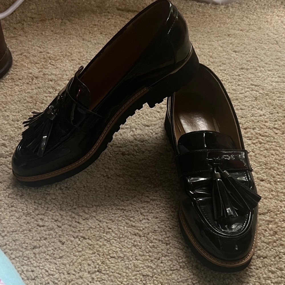 Franco Sarto Black Patent Loafers with Tassels